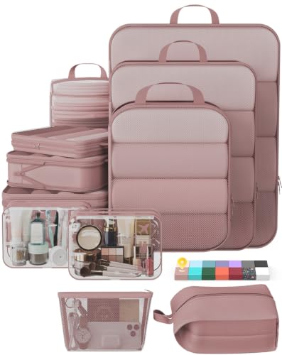 Veken 11 Set Compression Packing Cubes for Travel Essentials,Compressible Expandable Large Luggage Suitcase Organizer Bags for Clothing,Space Saver Bags with Over 1000 pcs of Mesh Holes(Light Coral) - color: Light Coral, size: 11 set