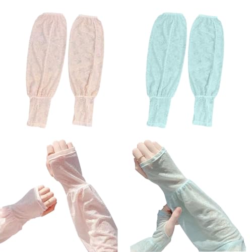 Women's Summer UV Protection Arm Sleeves, Long Lace Arm Covers, 2 Pairs, Floral Design, Pink and Green