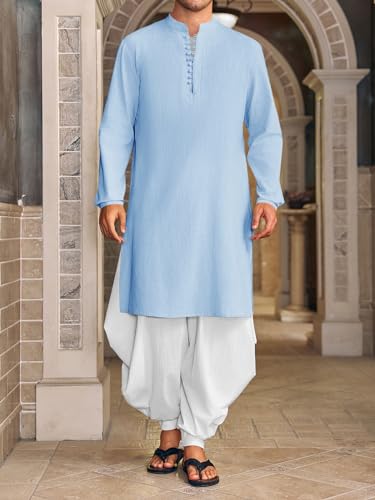 Runcati Mens Kaftan Thobe Button Down Henley Shirts Robe Long Sleeve Casual Cotton Linen Muslim Gown Shirt - color: Blue, size: Medium