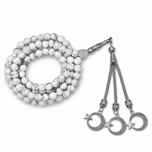 Amazing Gemstone Howlite Tasbeeh with Moon and Star Charm - Certified Crystal Muslim Prayer Beads Natural Gemstone Tasbih Gift for Ramadan Dhikr and Daily Namaz (S) - color: Howlite