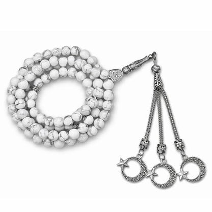 Amazing Gemstone Howlite Tasbeeh with Moon and Star Charm - Certified Crystal Muslim Prayer Beads Natural Gemstone Tasbih Gift for Ramadan Dhikr and Daily Namaz (S) - color: Howlite
