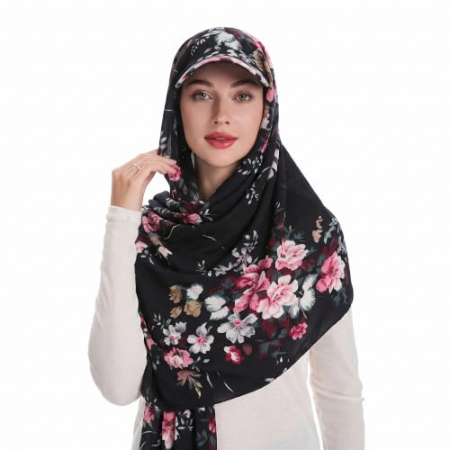 ZLYC Women Muslim Hijab Scarf with Visor Built-in Undercap Sun Protection Headwrap - color: Floral Black