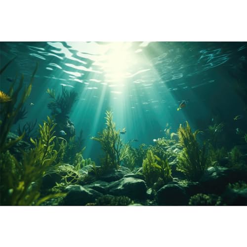 Ocean Aquarium Background Aquatic Plants with Rocks Terrarium Backdrop Sunlight Rays Deep Sea Fish Tank Background Aquarium Wallpaper Poster Decor Vinyl 24x12in - color: Grass Green, size: 24(W)x12(H)inches/ 60(W)*30cm(H)