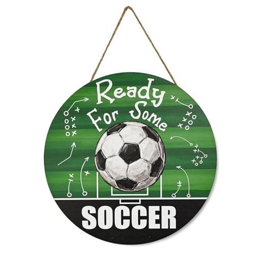 Smile Ready For Some Soccer Wooden Round Door Hanger, Game Day Playbook Themed Front Door Sign for Sports Fans & Soccer Party Decor - style: Soccer Tactic