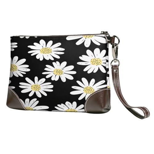 Leather Clutch Purse for Women, Large Capacity Wristlet Wallet with Removable Strap, Zip Handbag - color: Daisy Flowers