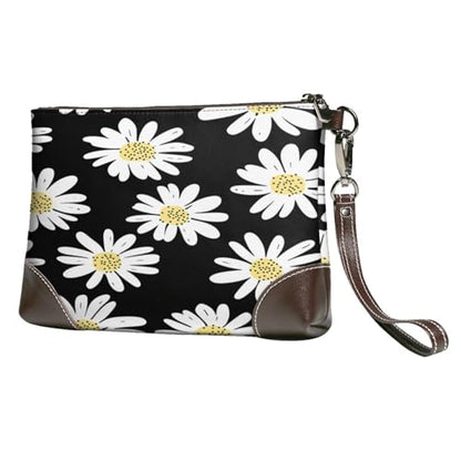 Leather Clutch Purse for Women, Large Capacity Wristlet Wallet with Removable Strap, Zip Handbag - color: Daisy Flowers
