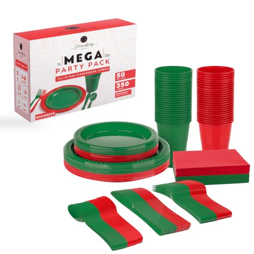 Grandipity Disposable Plastic Dinnerware Sets for Parties (350 pcs) - color: Red/Green, size: 50 Guests (350 PCS)
