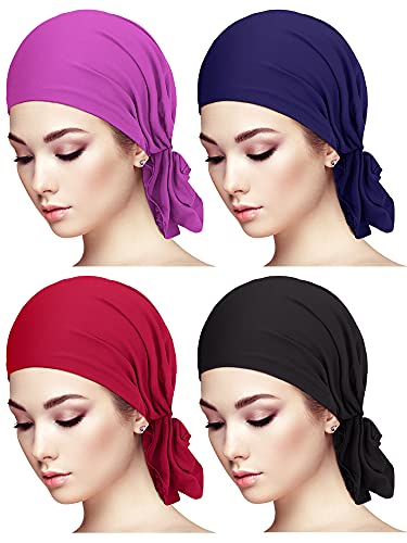 4 Pieces Slip-On Pre-Tied Head Scarves Women Headwear Turban Beanie Caps Head Wrap Headscarf for Women - color: Purple, Navy Blue, Wine Red, Black