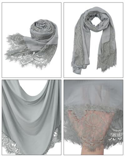 JUMISEE Elegant Floral Lace Hijab Scarf for Women Soft Cotton Head Wrap Instant Hijab Long Scarves Evening Dress Shawl - color: Gray