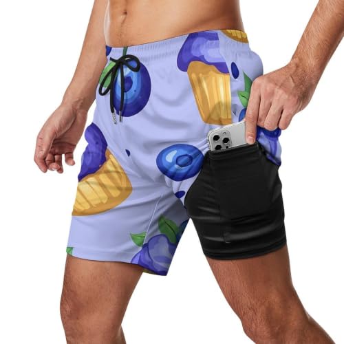 Blueberry Muffin Cupcakes Mens Swim Trunks with Compression Liner Quick Dry Pockets Swimsuits - size: Small