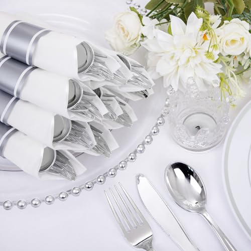 Supernal Pre Rolled Silver Plastic Silverware Set of 30 Wrapped Cutlery,Heavy Duty Disposable Wrapped Cutlery Set for Business Banquets, Weddings, Mother's Day,Graduations & 2026 Events - color: Silver, size: 30 Pack