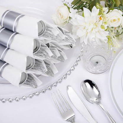 Supernal Pre Rolled Silver Plastic Silverware Set of 30 Wrapped Cutlery,Heavy Duty Disposable Wrapped Cutlery Set for Business Banquets, Weddings, Mother's Day,Graduations & 2026 Events - color: Silver, size: 30 Pack