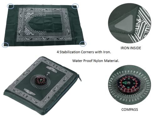 2 Pieces Muslim Travel Prayer Mat,Islamic Prayer Rug,Muslim Prayer Carpet,with Compass Pocket Sized Carry Bag,and Attached Compass,Travel Prayer Mat with Compass(Green,Black)
