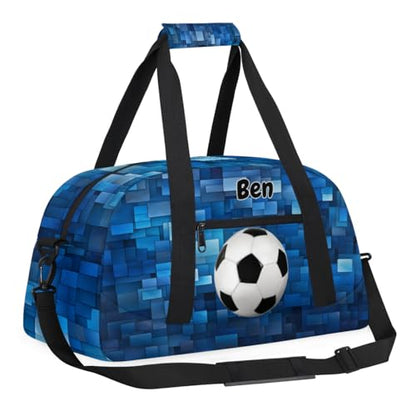 Personalized Sports Bag for Boys, Soccer Blue Geometric Pattern | Personalized Named Practice Travel Overnight Training Bag - color: Color 19