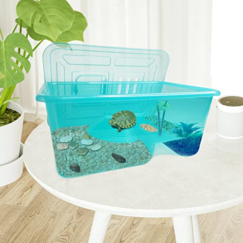 Fhiny Turtle Tank with Lid, Plastic Reptile Terrarium Turtle Breeding Box with Basking Platform Tortoise Aquarium for Crayfish Hermit Crabs Geckos Lizards Habitat Prevent Escaping (Medium)