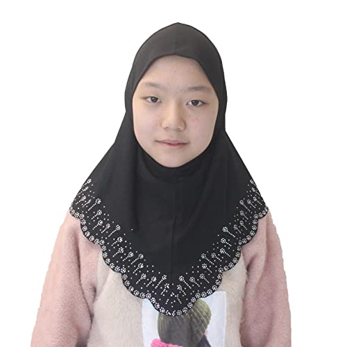 Girls Hijab with Rhinestones – Sparkly Non-Slip Amira Scarf for Kids, for Daily Prayer, School, Ramadan & Eid (Ages 4-12) - color: Black-wavy Edge