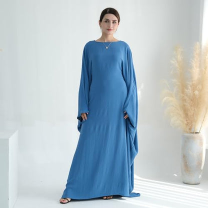 ODIZLI Abayas For Women Muslim Dubai Full Cover Kaftan Shirt Dress Batwing Sleeve Prayer Dress With Hijab - color: Blue + Hijab, size: Two