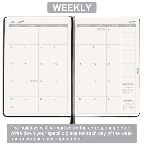 Planner 2026-2027 - Jul. 2026 - June. 2027, 2026-2027 Planner, 12-Months 26-27 Planners Weekly and Monthly, 5.75" x 8.25", Saffiano Leather with Thick Paper, Back Pocket with Notes Pages - color: Dark Black C