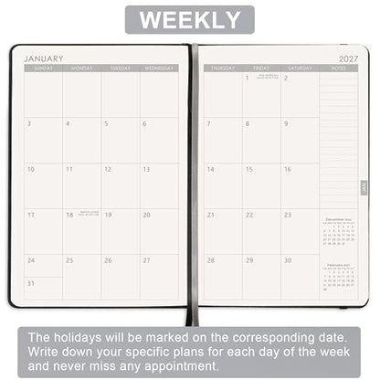 Planner 2026-2027 - Jul. 2026 - June. 2027, 2026-2027 Planner, 12-Months 26-27 Planners Weekly and Monthly, 5.75" x 8.25", Saffiano Leather with Thick Paper, Back Pocket with Notes Pages - color: Dark Black C