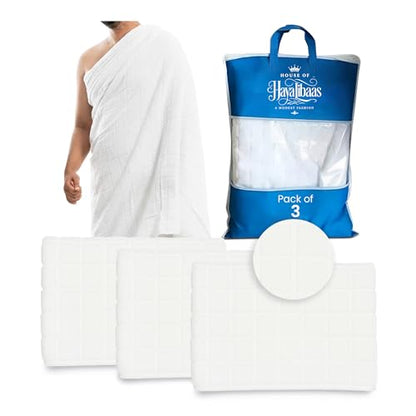 Islamic Men’s Hypoallergenic Premium Microfiber Ihram Towel Set for Hajj and Umrah - 3PCS Soft, Absorbent, Breathable Ahram/Ehram Towels - No Belt or Accessories - 105x210cm - White