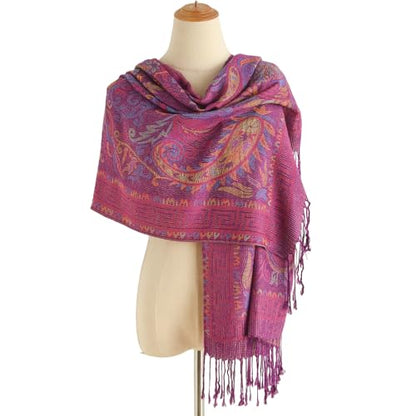 Paisley Pashmina Rave Shawl Scarf-Women's Reversible Ethnic Jacquard Pashmina Wraps for Travel - color: B#. Plum Gold
