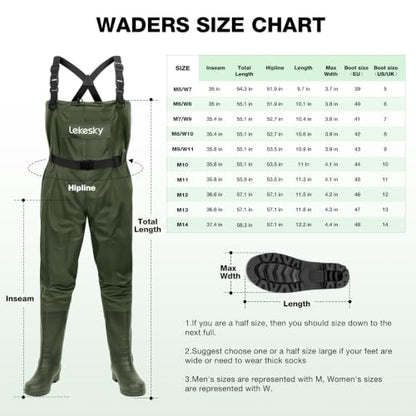 Lekesky Fly Fishing Chest Waders with Boots for Men Women, US Sizes 5–14,2-Ply Nylon/Pvc Waterproof Waders - color: Green, size: M5/W7