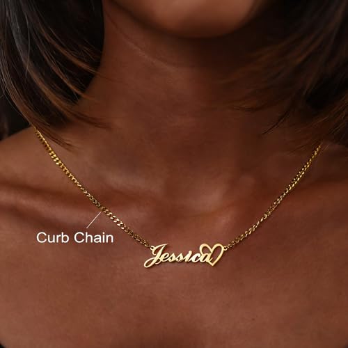DayOfShe Name Necklace Personalized for Women, 18K Gold Plated Cuban Chain Necklaces Customized with Name as Christmas Girlfriend Gift - color: Name+Heart