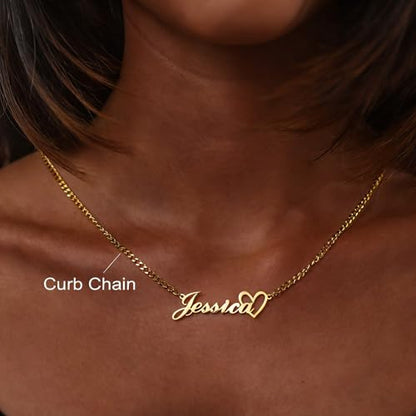 DayOfShe Name Necklace Personalized for Women, 18K Gold Plated Cuban Chain Necklaces Customized with Name as Christmas Girlfriend Gift - color: Name+Heart