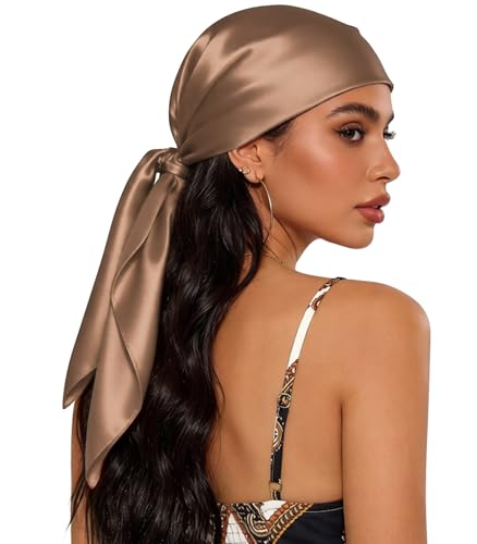 Sumolux Head Hair Scarf for Women 35" Like Satin Silk Scarf Hair Wrapping Night Bandana Large Square Scarves - color: A Solid Khaki