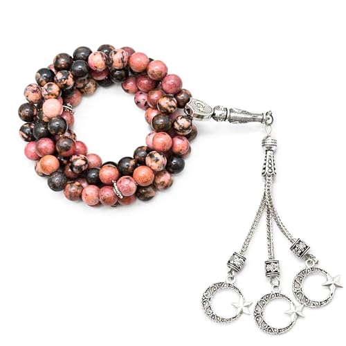 Amazing Gemstone Rhodonite Tasbeeh with Moon and Star Charm - Certified Crystal Muslim Prayer Beads Natural Gemstone Tasbih Gift for Ramadan Dhikr and Daily Namaz (S) - color: Rhodonite