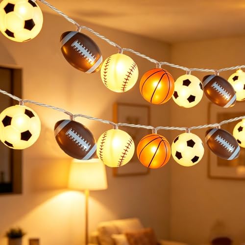 Sport Ball String Lights, 10FT 20 LED Sport Fan String Lights Mixed Soccer Basketball Baseball Football LED Fairy Lights USB & Battery Powered IP42 Waterproof for Sports Themed Decor Game Day Decor - style: Sport Theme Lights