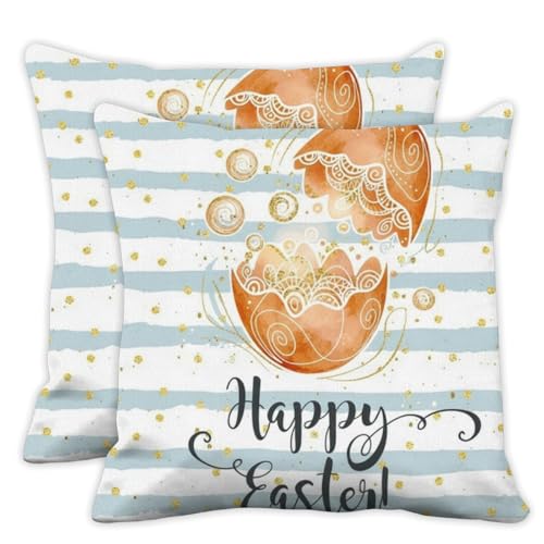 Spring Easter Pillow Covers 18x18 Set of 2 White Blue Striped Pillow Covers Watercolor Burnt Orange Egg Pillows Cover Decoration Golden dot Cute Pillows Cover Happy Easter pillowcover - color: Happy Easter Egg