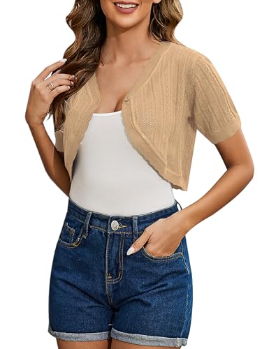 Totatuit Women's Short Sleeve Cropped Cardigan Open Front Bolero Shrugs for Dresses Crochet Button Down Sweaters - color: Apricot, size: XX-Large