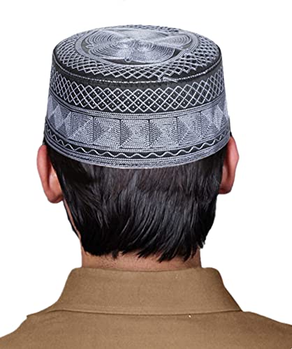Ibluelover Men Muslim Prayer Kufi Hat Breathable Embroidery Kofia Topi Sunhat Islam Kufi Headware Praying Beanie - color: Deep Gray