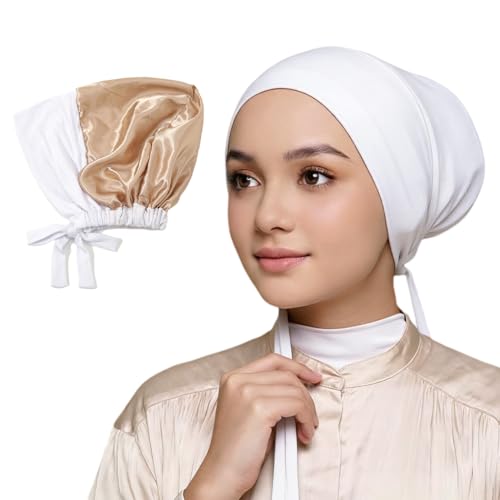 Yeieeo Women's Satin-Lined Tie Closure Hijab Undercap Non Slip,Premium Jersey Muslim Daily Wear Inner Headscarf Cap - color: White