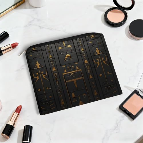 Egyptian Hieroglyphic Makeup Bag for Women, Cosmetic Pouch Travel Toiletry Organizer Bag 8.9"x6.5" Polyester - color: Egyptian Hieroglyphic