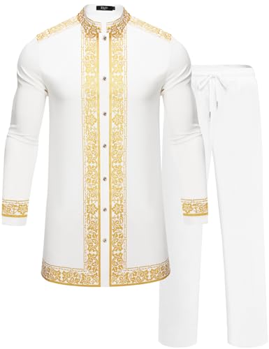 Mens African 2 Piece Set Nigerian Dashiki Metallic Traditional Suit Gold Stamp Printed Shirt and Pants Outfit - color: White, size: Small