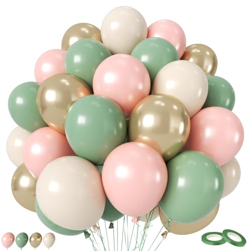 Sage Green Pink Balloon, 60 Packs 12 Inch Olive Green Pink Balloon with Sand White Metallic Gold Balloons for Floral Fairy Wildflower Baby Shower Birthday Woodland Garden Tea Party Party Decorations - color: Sage Green Pink
