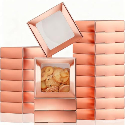Zonon 30 Pcs Kraft Paper Boxes with Window 4.13 x 4.13 x 1.18 Inch Candy Packaging, Small Gift Boxes, Soap holder, Mini Treat Packaging for Bakery Chocolate Jewelry Display (Rose Gold) - color: Rose Gold