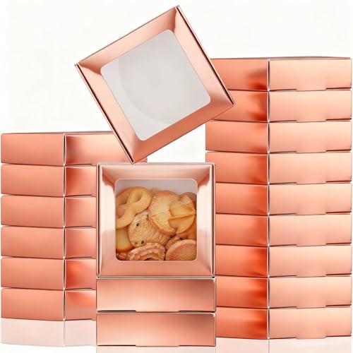 Zonon 30 Pcs Kraft Paper Boxes with Window 4.13 x 4.13 x 1.18 Inch Candy Packaging, Small Gift Boxes, Soap holder, Mini Treat Packaging for Bakery Chocolate Jewelry Display (Rose Gold) - color: Rose Gold