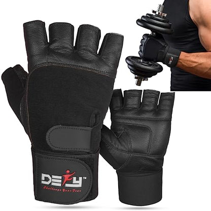 DEFY Padded Weight Lifting Gloves with 13" Long Wrist Wrap Genuine Leather Gym Gloves for Power Lifting, Cross Training, Workout Black - size: Small