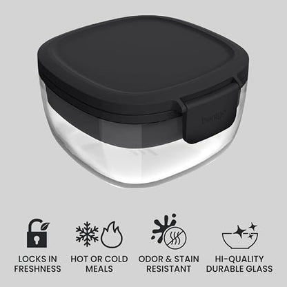 Bentgo Glass Salad Container - 7.6-Cup Salad Bowl with Airtight Lid, Leak-Proof Sauce Container, 4-Compartment Bento Tray & Reusable Fork - BPA-Free for Meal Prep, Office & More (Black Onyx) - color: Black Onyx