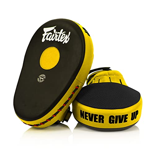 Fairtex FMV13 Maximized Focus Mitts, Muay Thai Kickboxing MMA Punching Pads | Premium Syntek leather shell with multi-layer foam. Curved shape with hook-and-loop wrist strap absorbs trainer strike impact - color: Black/Yellow