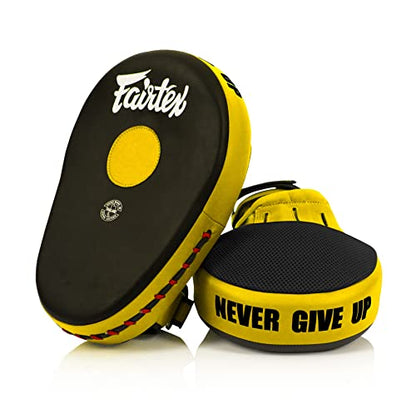 Fairtex FMV13 Maximized Focus Mitts, Muay Thai Kickboxing MMA Punching Pads | Premium Syntek leather shell with multi-layer foam. Curved shape with hook-and-loop wrist strap absorbs trainer strike impact - color: Black/Yellow