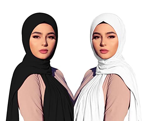 여성용 단색 저지 히잡 가볍고 부드러운 무슬림 헤드 스카프 롱 스카프 랩 스카프 2개 - color: 블랙, 화이트