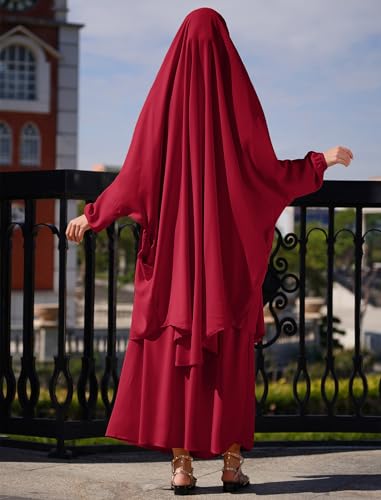Abayas for Women Muslim Chiffon Prayer Burqa Dress Burkas for Women Muslim Hijab Dress Full Length Islamic Veil Abaya Set - color: Burgundy