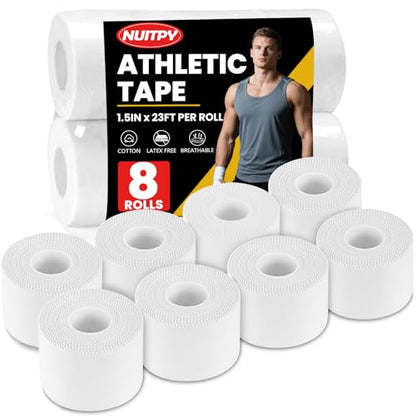 NUITPY 8 Pack Athletic Tape, White Sports Tape, Easy Tear Wrist Tape, Strong Adhesion Tapes for Boxing, Gymnastics, Hockey, Soccer, Lacrosse and First Aid(1.5in x 184ft Total) - color: White-8 Rolls