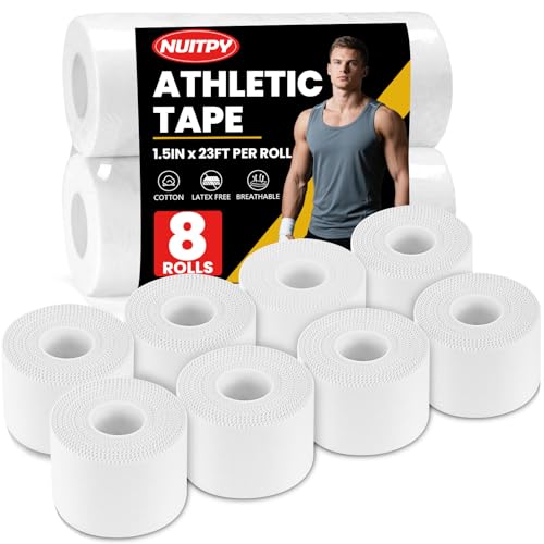 NUITPY 8 Pack Athletic Tape, White Sports Tape, Easy Tear Wrist Tape, Strong Adhesion Tapes for Boxing, Gymnastics, Hockey, Soccer, Lacrosse and First Aid(1.5in x 184ft Total) - color: White-8 Rolls