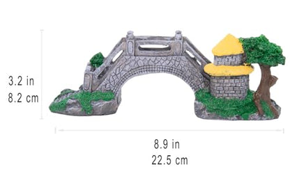 Aquarium Bridge Ornament with Stone Arch & Cottage, Resin, Gray Stone with Green Accents & Yellow Cottage Roof