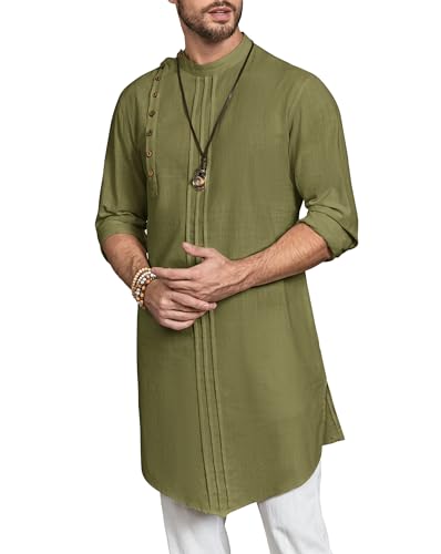 Gafeng Mens Kaftan Thobe Long Sleeve Robe Gown Casual Cotton Linen Button Muslim Shirt - color: Army Green, size: Large